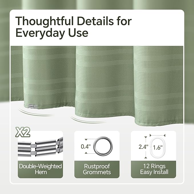 TURKIO Sage Green Shower Curtain Waffle Weave Shower Curtain Striped Fabric Shower Curtains for Bathroom, Green Bathroom Decor, (72Wx72H, Sage Green)