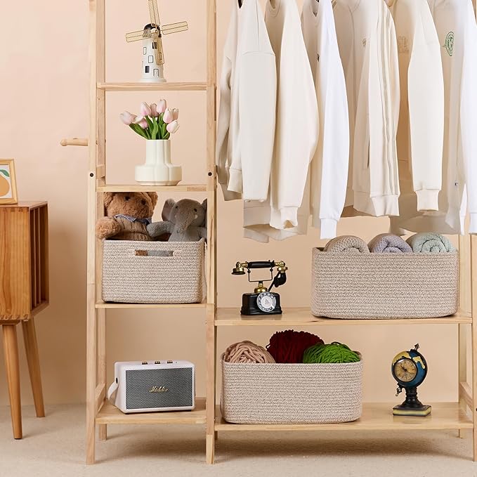 MiniArk Large Storage Baskets for Organizing, Closet Shelf Baskets for Clothes Blanket Towels, Baby Nursery, Toy Bins Box, Woven Rope Baskets, 17 x 13 x 7.5”, 4 Packs Mixed Brown