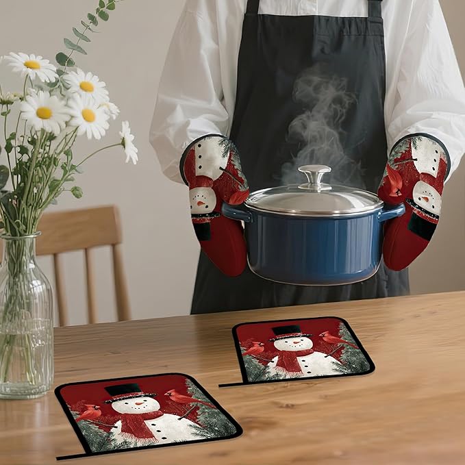 Christmas Snowman Oven Mitts and Pot Holders,Cardinal Heat Resistant Oven Mitts Gloves and Pot Holder for Home Kitchen Decorations Cooking Baking BBQ Gifts,Set of 4