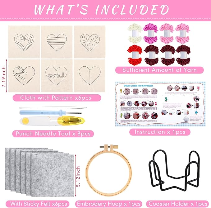 Yaomiao 6 Pcs Valentine's Day Punch Needle Coaster Kit Embroidery Kits Punch Needle Set Craft Supplies with Patterns Yarns Tools Adhesive Felt Embroidery Hoop Instruction Holder for DIY