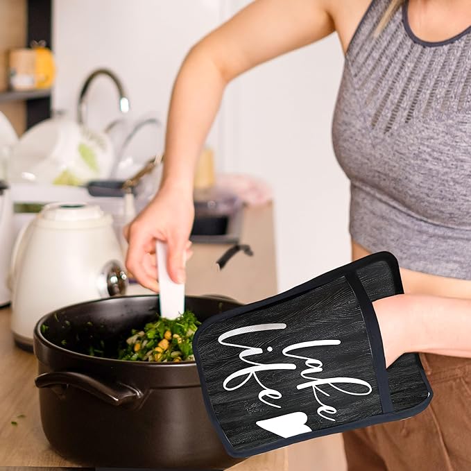 Lake Life Gifts Pot Holders with Pockets, Lake Life House Gifts for Cabin Owners Women Oven Pot Holders Heat Resistant Oven Mitts Hot Pads for Kitchen Baking Cooking (Black)