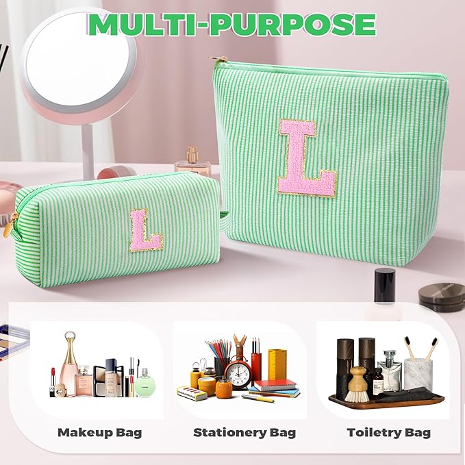 Btffitting Monogrammed Gifts for Women - Cosmetic Bag for Teen,Initial Cute Makeup Bag Set for Women,Trendy Pouch for Niece Sister Friend Female Her,Birthday Gifts for Daughter - Green,L