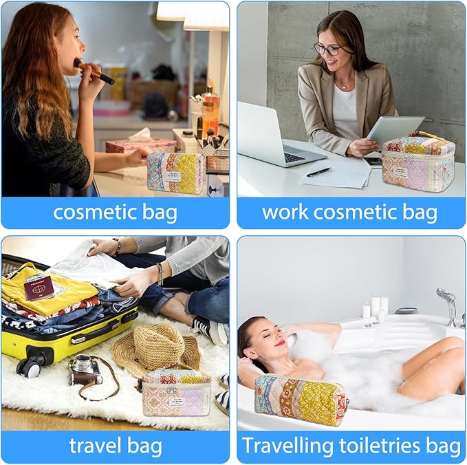 Cozomga Quilted Makeup Bag, Large Capacity Travel Cosmetic Bag for Women and Girls, Aesthetic Storage for Daily and Travel Use (3pcs-EthnicStyle)