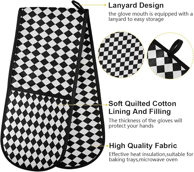 Long Double Oven Mitt for Baking Classic Black White Check Pattern Heat Resistant Quilted Double Oven Glove Potholder for Cooking Grilling Christmas, Washable