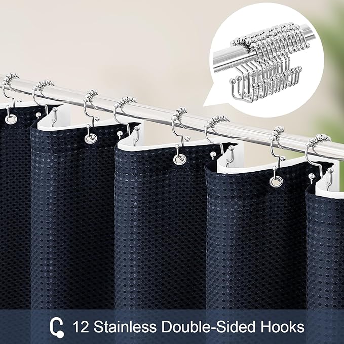 Craidlela 3 in 1 Stall Half Size Navy Blue Shower Curtain Set-36 W x 72 H, Modern Waffle Waterproof Fabric and PEVA Liner Set with Stainless Steel Hooks