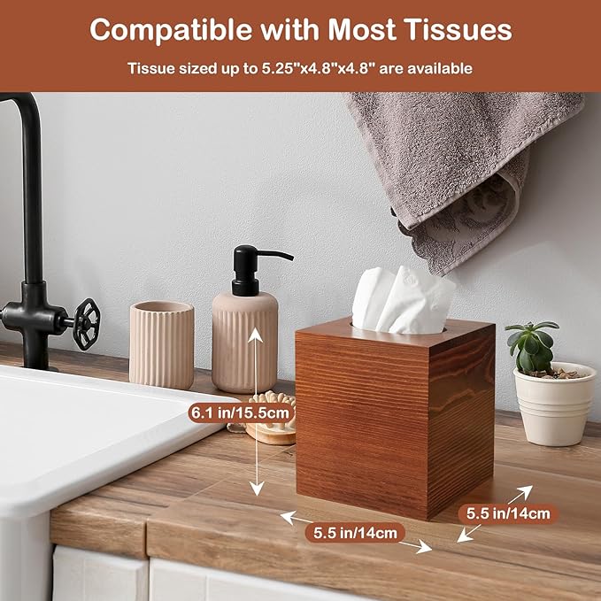 GCWSTJK Tissue Box Cover Square, Cube Wooden Tissue Box Holder, Decorative Facial Tissue Dispener for Vanity Toilet Tank Dresser Nights Stand Kitchen Table Countertop Office, Brown