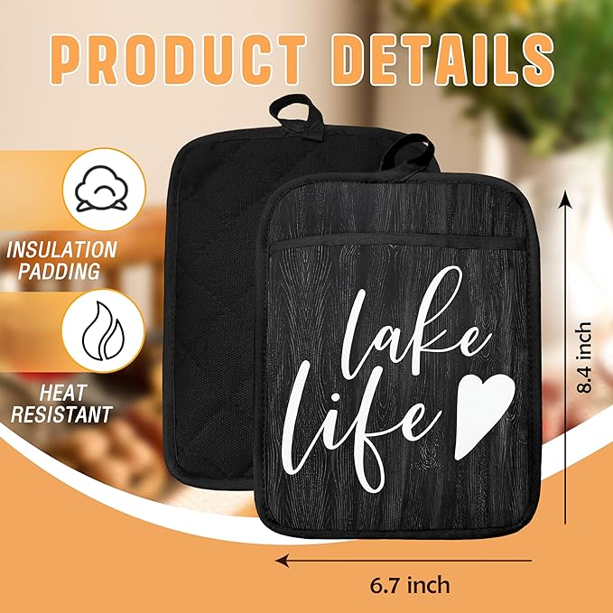 Lake Life Gifts Pot Holders with Pockets, Lake Life House Gifts for Cabin Owners Women Oven Pot Holders Heat Resistant Oven Mitts Hot Pads for Kitchen Baking Cooking (Black)