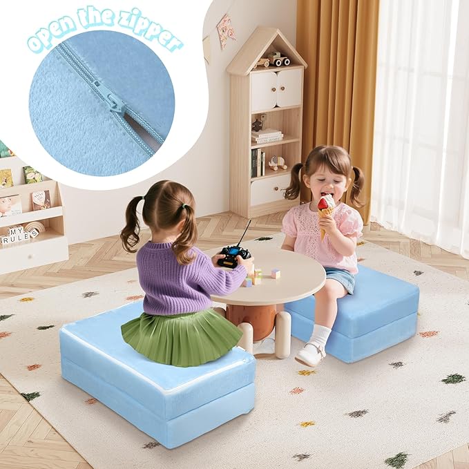 MeMoreCool Kids Foldable Floor Mattress – Plush Trifold Nap Mat, Blue Portable Toddler Sleeping Pad for Daycare & Travel, Machine Washable Cover