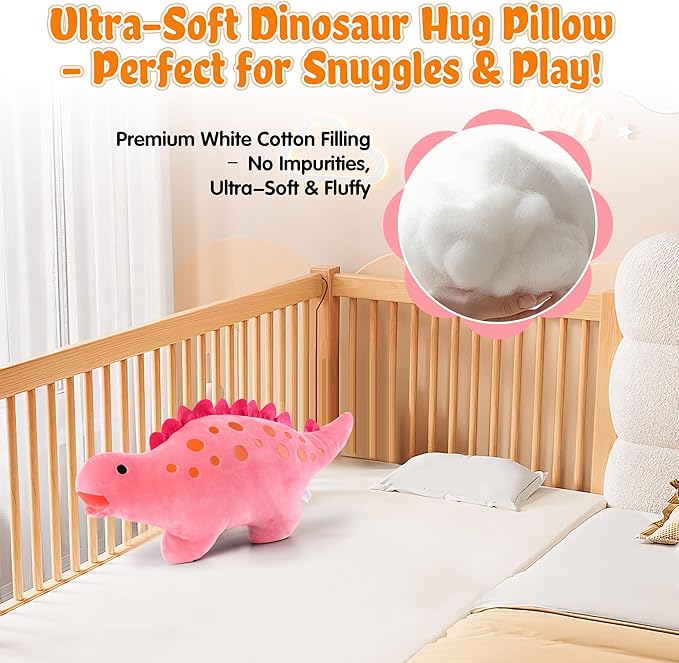 BB FUN HOUSE Dinosaur Pillow Plush, Stuffed Animal Birthday Gift Dino Decorative Throw Pillow for Kids Teens Adult Room Decor Soft Plushie Toy, Pink