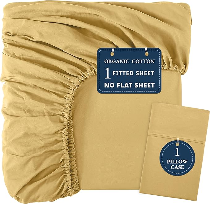 LANE LINEN Twin XL Fitted Sheet, 100% Organic Cotton 2-Piece Set (1 Fitted Sheet, 1 Pillowcase), Percale Weave, Bottom Sheet, Soft, Breathable, Fits Mattress Upto 15" Deep - Cocoon (No Flat Sheet)