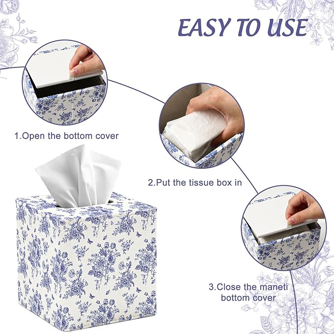 JarThenaAMCS Blue Floral Tissue Box Cover with Magnetic Closure PU Leather Tissue Holder Chinoiserie Flower Butterfly Square Napkin Box for Home Office Bedroom Countertop Decor