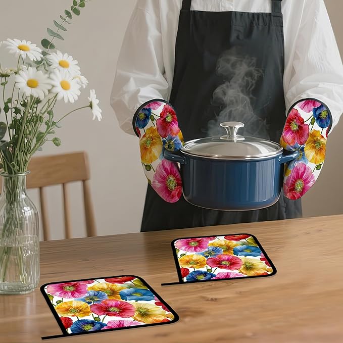 Poppy Flower Oven Mitts and Pot Holders,Pink Yellow Blue Heat Resistant Oven Mitts Gloves and Pot Holder for Home Kitchen Decorations Cooking Baking BBQ Gifts,Set of 4