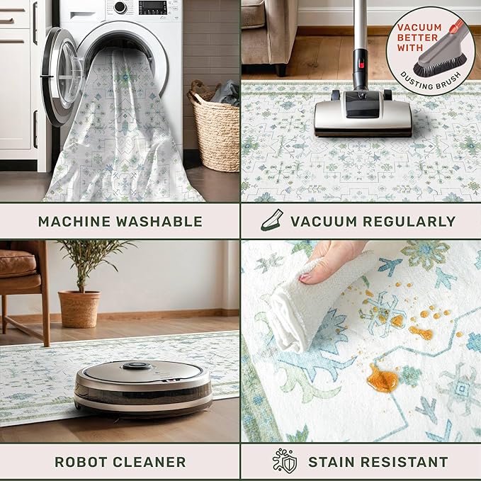 Blue and Green Washable Rugs 3x6 - Vintage Boho Floral Pastel Cream, Washable Low Pile Non Slip Small Throw Accent Area Rug for Entry Way, Laudry Room, Kitchen, Bedroom Beside Bed Decor
