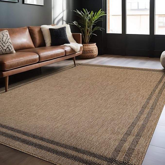 Easy Jute Rugs 8x10 Bordered Natural Color Living Room Indoor Outdoor Area Rug for Patio and Kitchen Rug High Traffic Washable Easy to Clean Solid Boho Woven Design Outside Carpet (8 x 10)