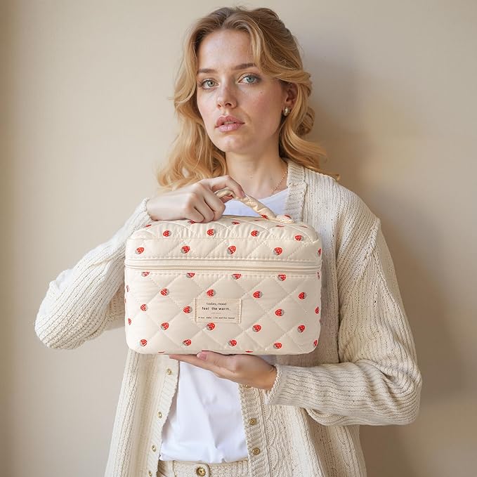 HBselect Christmas Gifts Large Quilted Makeup Bag, Cute Cotton Travel Makeup Bag with Handle, Portable Coquette Floral Make up Bags, Toiletry Organizer Make up Bags for Women Teen Girls Mom