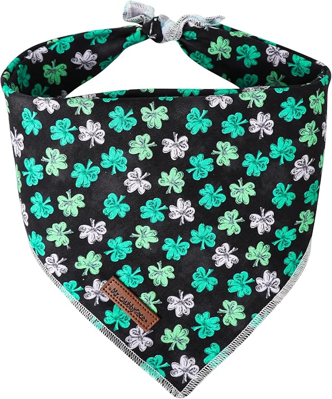 MR. CHUBBYFACE St.Patrick's Green and Whit Clovers Dog Bandanas Reversible Triangle Bibs Scarf Accessories for Dogs Cats Pets L