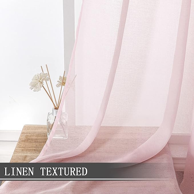 Tollpiz Sheer Curtains Linen Textured Bedroom Curtain Sheers Light Filtering Rod Pocket Voile Curtains for Living Room, 54 x 84 inches Long, Pink, Set of 2 Panels