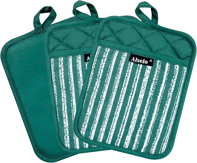 Silicone Pot Holders Set of 3 Heat Resistant & Non Slip Potholders, Professional Oven Hot Pads with Pockets Mitts for Kitchen Cooking Baking Barbecue (Emerald Green, 3)