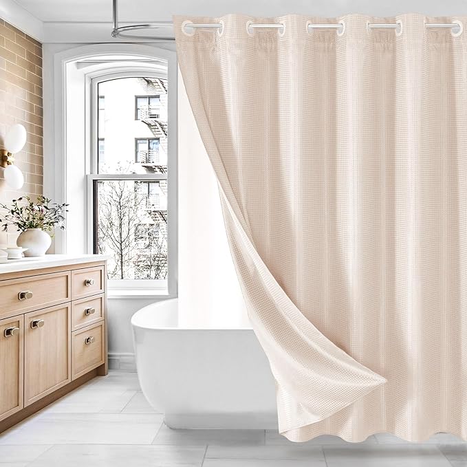 MitoVilla Pink Long Shower Curtain Liner Set 72 x 80, No Hooks Needed 80 inch Long Heavyweight Waffle Fabric Shower Curtain Set with Snap-in Liner for Hotel Grade Spa-Like Bathroom Decor, Blush Pink