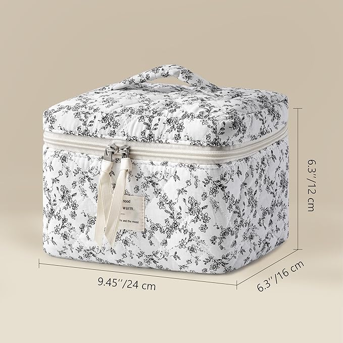 HBselect Christmas Gifts Large Quilted Makeup Bag, Cute Cotton Travel Makeup Bag with Handle, Portable Coquette Floral Make up Bags, Toiletry Organizer Make up Bags for Women Teen Girls Mom