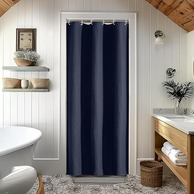 OVZME Stall Fabric Shower Curtain Set, Waffle Weave 230GSM Heavy Duty Small Shower Curtains for Narrow Size, Machine Washable Bath Curtain with 12 Plastic Hooks, 36x72, Navy Blue