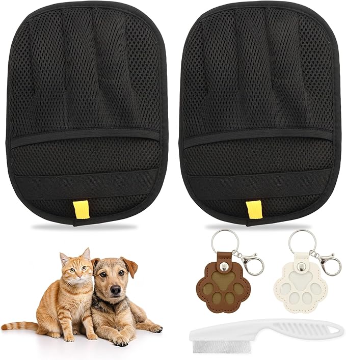 2PCS Pet Hair Removal Gloves for Cats & Dogs,Electrostatic Reusable Pet Hair Removal Brush,Double Sided Static Romover(２PCS Gloves, 1PCS White Comb,2PCS Pet Hair Keychain)for Clothing,Carpet.
