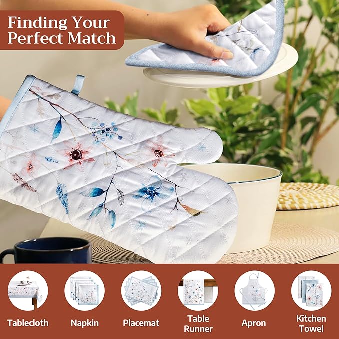 Maison d' Hermine Pot Holders Set 100% Cotton Heat Resistant Potholders 8" x 8" Hot Pads with Loop for Thanksgiving Christmas Decorations BBQ Cooking Baking Handling Hot Pans (Pack of 2, Ice Florals)