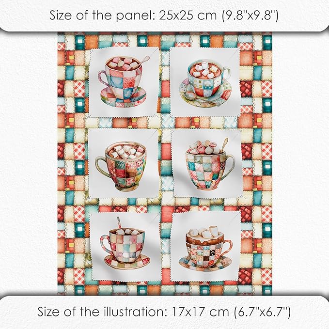 Patchwork Hot Cocoa Cotton Fabric Panel – 6 Designs (10×10 inch Each) + Bonus Sheet 29.5×19.6 inch, 100% Cotton 140 GSM, Made in Türkiye