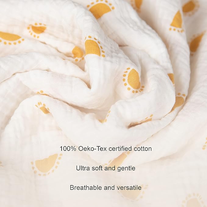 Sticky Toffee Muslin Swaddle Baby Blanket, Yellow Suns, 47 x 47 in, Soft Breathable Oeko-Tex Cotton Newborn Wrap and Receiving Blanket