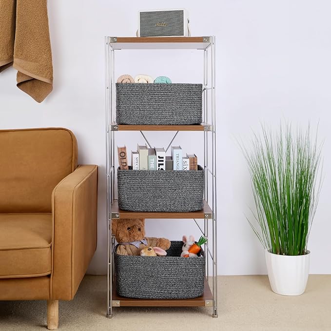 MiniArk Large Storage Baskets for Organizing, Closet Shelf Baskets for Clothes Blanket Towels, Baby Nursery, Toy Bins Box, Woven Rope Baskets, 17 x 13 x 7.5”, 4 Packs Dark Gray