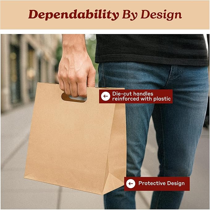 Natural Brown Kraft Paper Bags with Die Cut Handles 11" x 6" x 11" - Recyclable Shopping Tote Bag for Retail, Gifts, Restaurant Takeout, Catering, Bakery, Small Business, Party Favors - 500 Pack