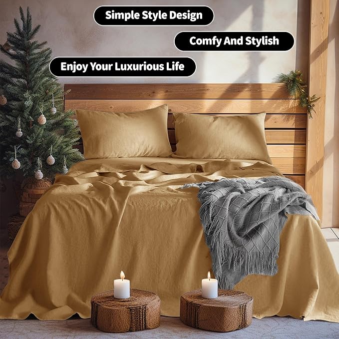 LBRO2M 100% Linen Sheet Set Full Size,Bed Sheets 4 Piece Sets,Solid Color Natural Flax Bed Sheets Soft Breathable Bedding,16" Deep Pocket,All Season (Full, Rust)