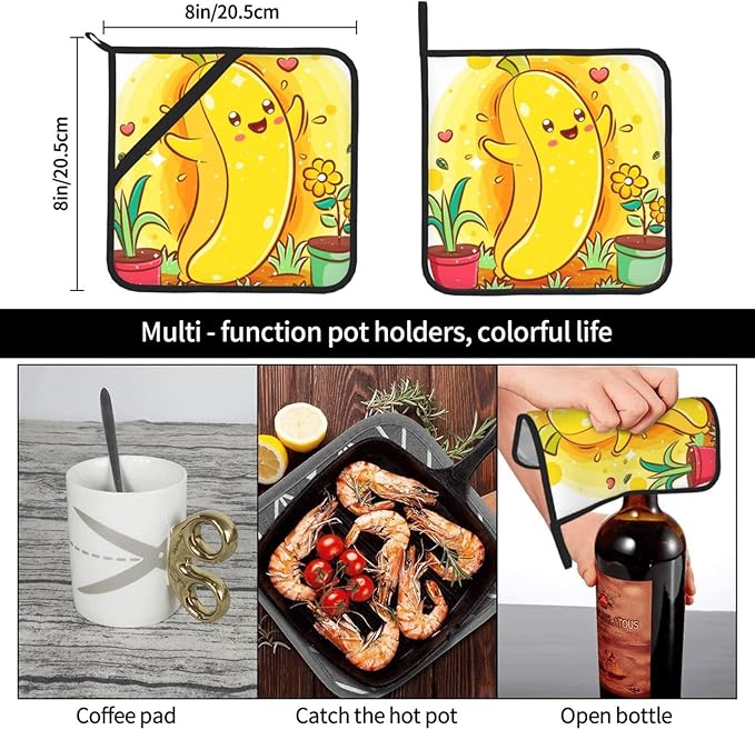 Cute Banana Pattern Pot Holders Set of 2 Heat Resistant & Non Slip Potholders, Watercolor Art Style Fire Oven Hot Pads for Kitchen Cooking Baking Barbecue