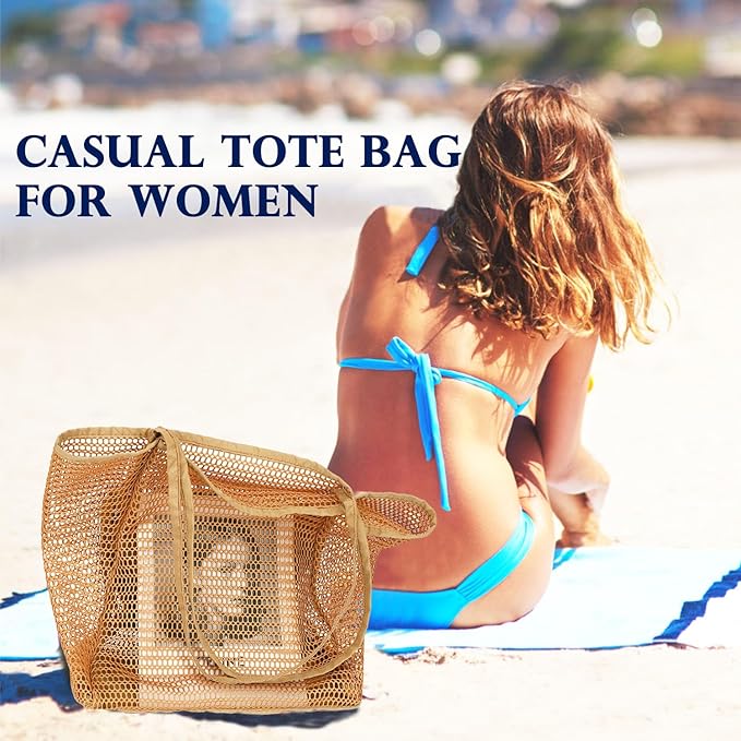 Fammart Mesh Beach Bag, Large Beach Tote with Zipper Pocket for Family Pool Bag for Toys & Vacation Essentials