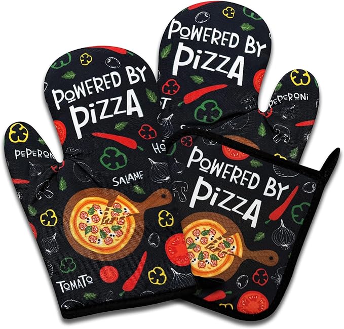 Funny Oven Mitts and Pot Holders Set of 3, Powered by Pizza, Heat Resistant Non-Slip Kitchen Mitts Hot Pads, Pizza Lover Gifts, Christmas Baking Gifts for Women Hostess Mom Wife Chef Baker