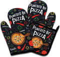 Funny Oven Mitts and Pot Holders Set of 3, Powered by Pizza, Heat Resistant Non-Slip Kitchen Mitts Hot Pads, Pizza Lover Gifts, Christmas Baking Gifts for Women Hostess Mom Wife Chef Baker