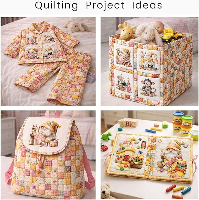 Cotton Fabric Panel – Single Continuous Patchwork Gnome Sewing Panel with 6 Printed Squares (9.8” x 9.8”), Bonus Patchwork Area 29.5” x 19.7” – 100% Cotton Satin Fabric for Quilting & Sewing Projects