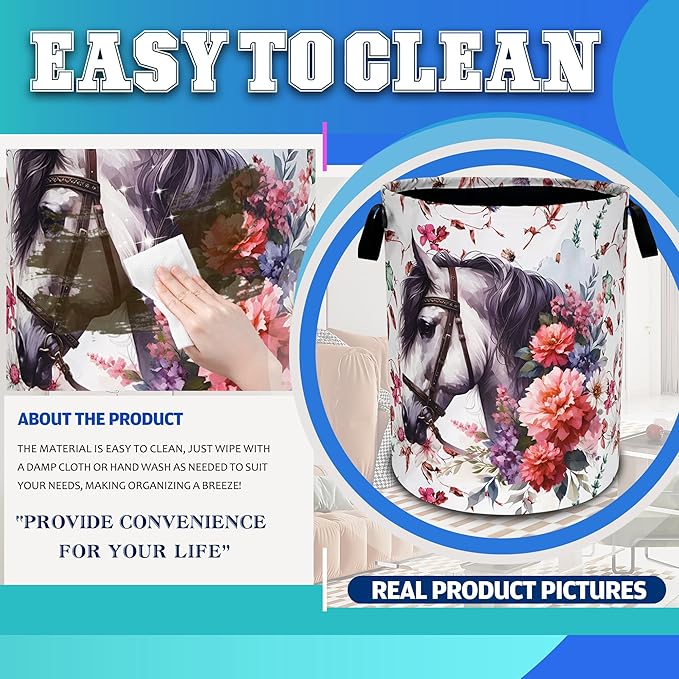 White Horse Flowers Laundry Basket Oxford Cloth Funny Laundry Hamper With Handle Foldable Portable Clothes Storage Basket 18.9 X 16.5 Inch Storage Bag For Laundry Room/Bathroom/Bedroom/Dormitories