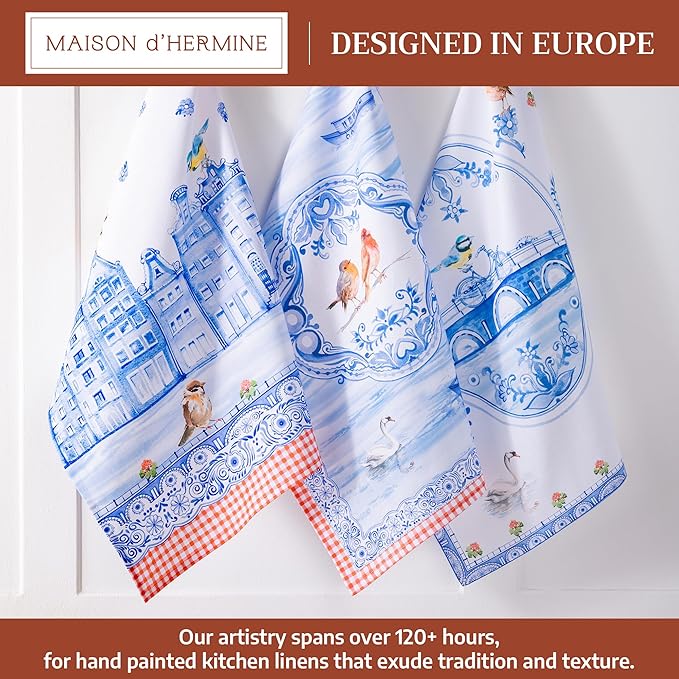 Maison d'Hermine Kitchen Towels Set of 3 100% Cotton 27.50" x 20" Reusable Cloth Tea Dish Towels Absorbent with Hanging Loop for Kitchen,Home,Dining,Cocktail Parties Spring/Summer (Amsterdam Canals)