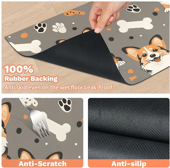 Eizlang Corgi Dog Cat Food Mat,12"x20" Inches Rapid Absorbent Pet Feeding Mat,Pets Placemat Water Bowl Mats with Rubber Backing,No Stains Cat Dog Feeding Mats Indoor,Pet Accessories Supplies