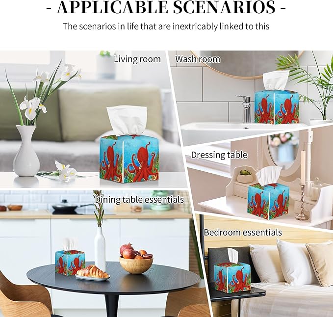 POIUBLE Tissue Box Holder Cartoon Octopus Tissue Box Cover Square Leather Tissue Holder Organizer Portable Decorative Facial Paper Case for Home Office Bathroom Vanity Countertop