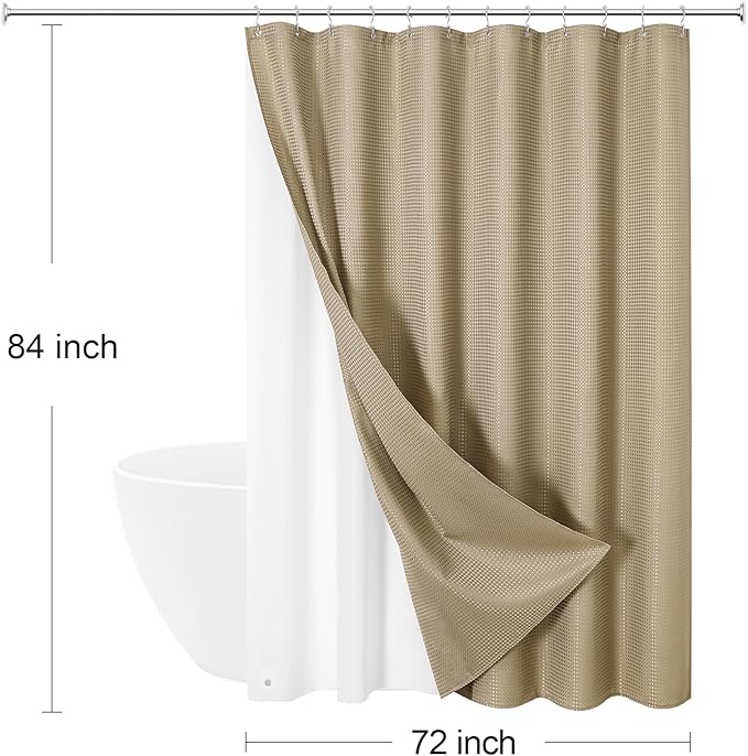 Craidlela 3 in 1 Extra Long Beige Shower Curtain Set-72 W x 84 H, Tan Waffle and PEVA Liner Set with 12 Stainless Steel Hooks, Waterproof Fabric for Bathroom