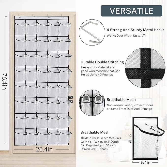 Hualleko 40-Pocket Over the Door Shoe Organizer - Large Mesh Pocket Hanging Shoe Organizer,Behind the Door Shoes Storage Holder Hanger,Large Capacity Design for Dorm Room College,Store 20 Pairs(Grey)