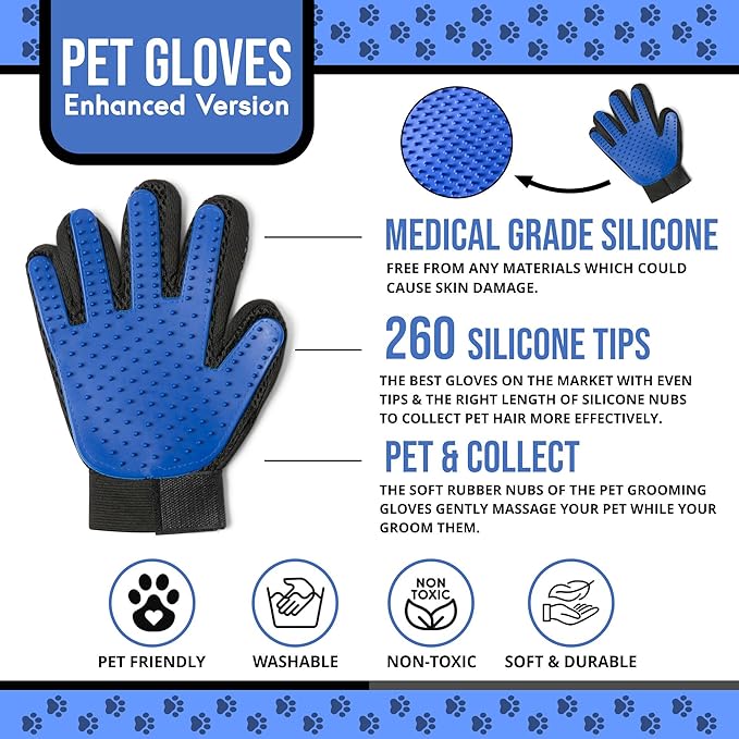 HappiTails Pet Grooming Glove & Dog Bath Brush Set – Deshedding Gloves for Cats & Dogs + Silicone Scrubber – Grooming Mitts for Bath, Shedding & Massage – Blue