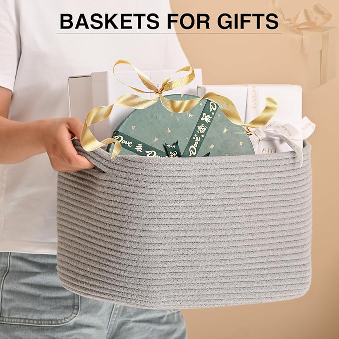 ICERZCZ Woven Cotton Rope Storage Basket for Organizing, Cute Decorative Baskets for Gifts Empty, Organizer Bins for Dog Toy, Baby Laundry, 17“×13”×9.5“, Light Grey