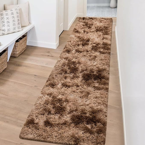 2x8 ft Plush Brown Tie Dye Rug Runner High Pile Fluffy Soft Bedside Rug Fuzzy shag Carpet for Bedroom Living Room Hallway Nursery Kids Home Decor Furry Carpet