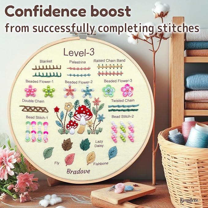 Bradove Beginner Embroidery Kit for Adults Kids, Learn to Embroider 37 Stitches and 13 Cute Patterns, Stitches Kit, Bead Embroidery Kit, Beginner Embroidery Practice