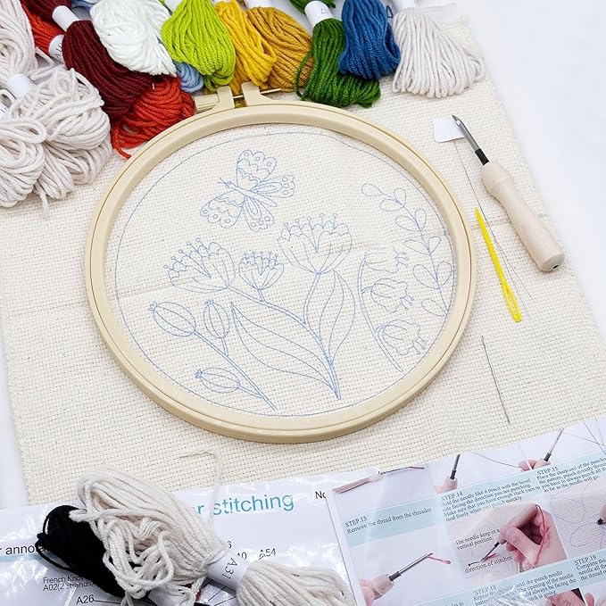 Allazone 3 Set Embroidery Starter Kits for Beginner, Butterfly and Bird Punch Needle Kit with Instruction, Plastic Hoop, Yarns and Embroidery Handle Needle Pen