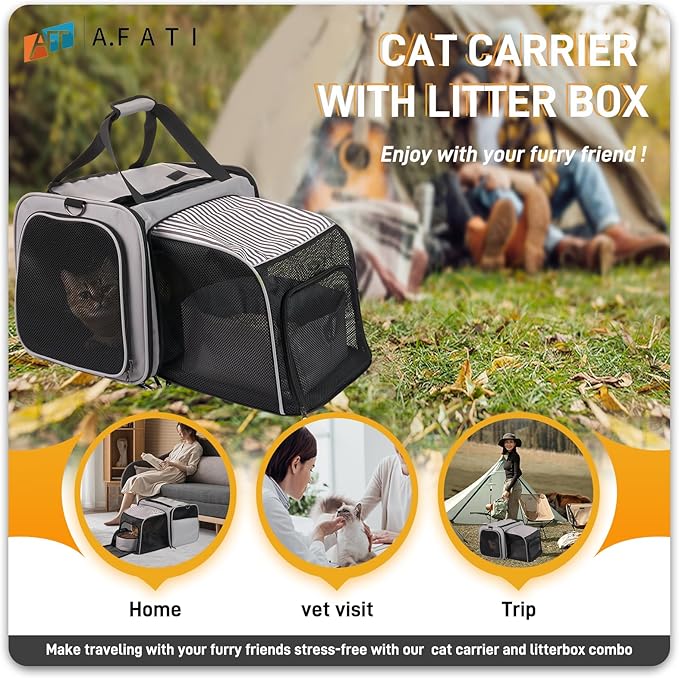 Cat Carrier with Litter Box, Collapsible Soft Sided Pet Carrier for Car Travel, Cat Travel Carrier with Locking Zippers, Expandable Cat Carrier with Food Bowl for Cats/Puppies up to 25 lbs, Grey