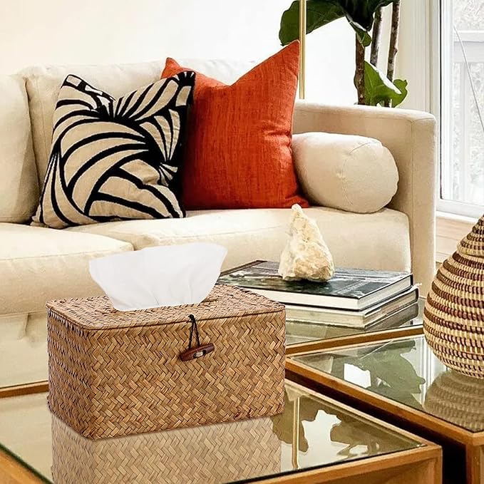 Sumnacon Tissue Box Cover Large Rectangle Tissue Box Seagrass Tissue Box Holder Woven Tissue Holder Decorative Tissue Cover for Bathroom Tissue Box Cover Rectangular for Home Office Table Coffee